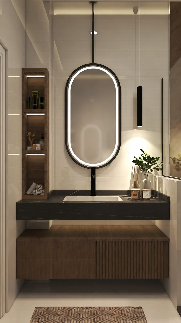 Dark timber vanity with an illuminated arched mirror