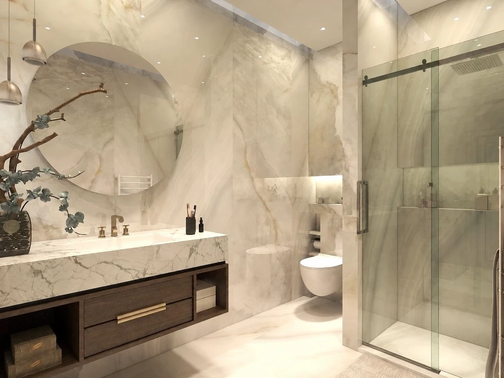 Client bathroom design with warm marble, timber vanity and glass shower