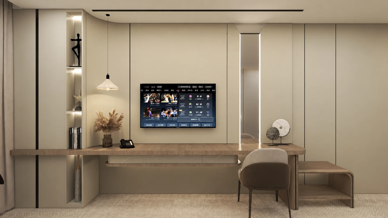 Matching bedroom design showing the timber desk and integrated storage