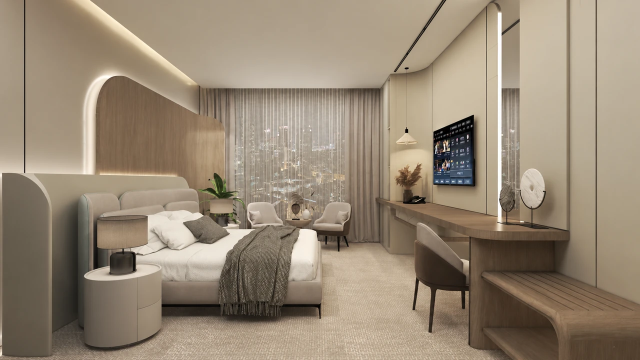 Matching bedroom perspective showing the bed, desk and seating area