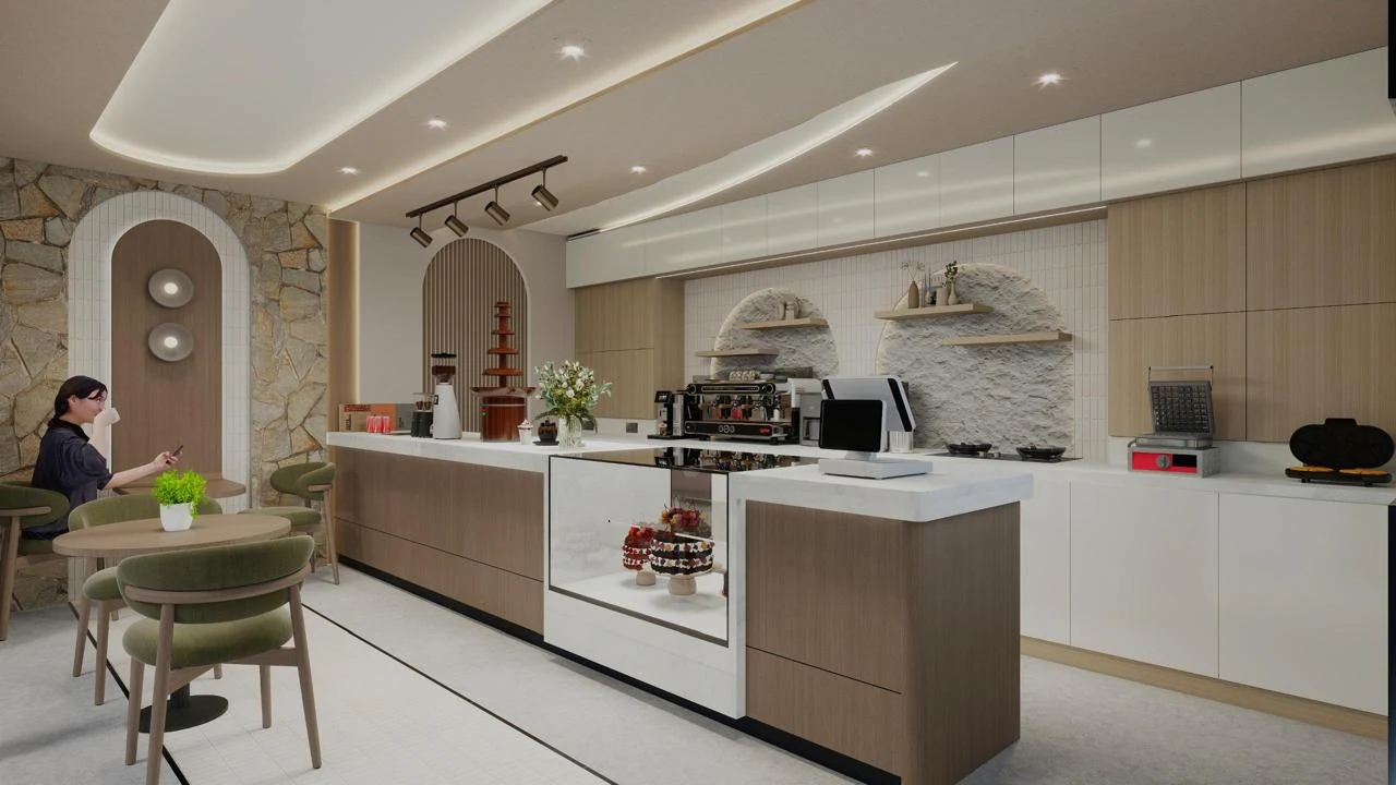 Café counter perspective with warm timber, coffee equipment and display shelves