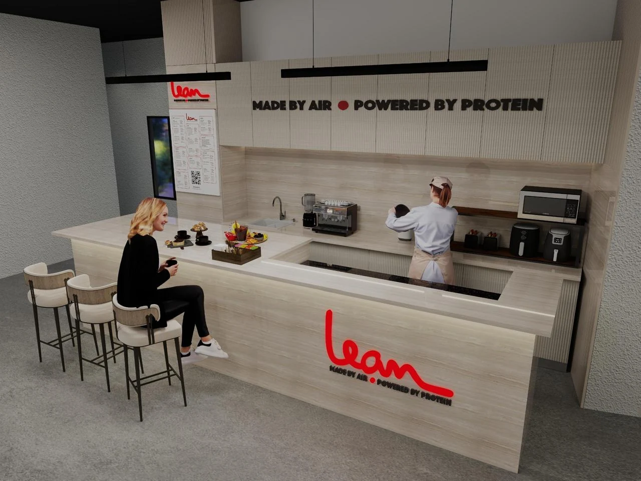 Compact café design with a timber service counter and bar stools